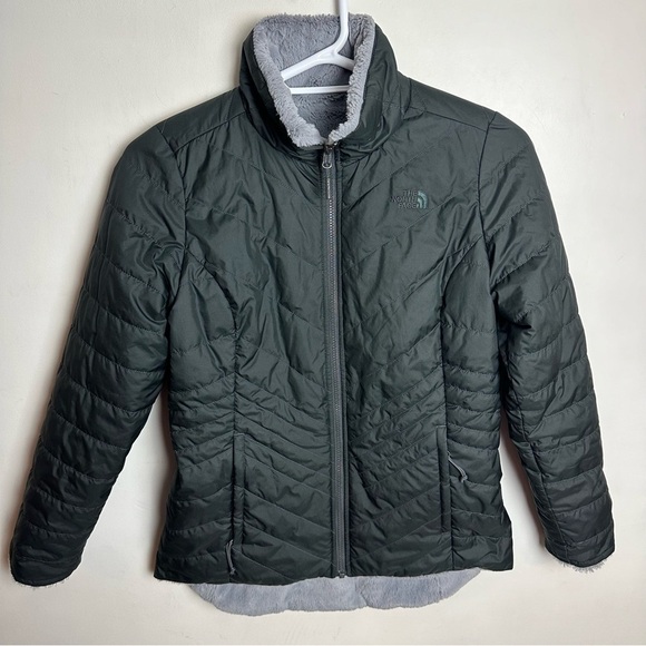 The North Face Reversible Fleece Puffer Jacket Women's size Medium Gray Black - Picture 1 of 11